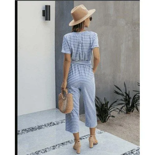 Short Sleeve Loose Striped Jumpsuit