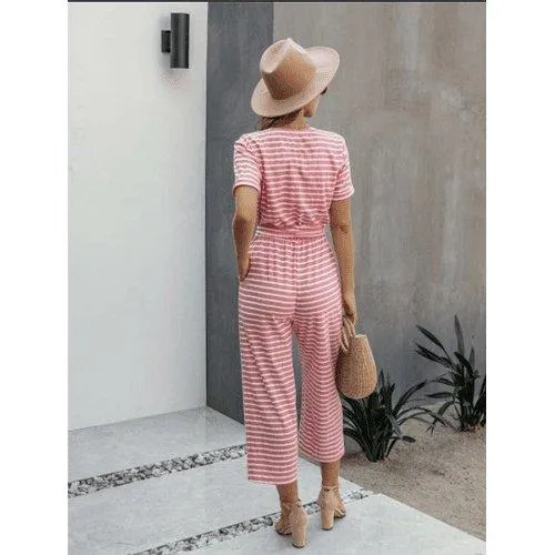 Short Sleeve Loose Striped Jumpsuit