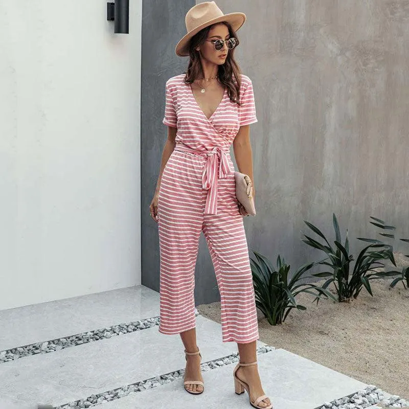 Short Sleeve Loose Striped Jumpsuit