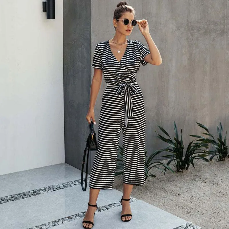 Short Sleeve Loose Striped Jumpsuit