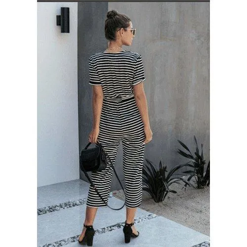 Short Sleeve Loose Striped Jumpsuit