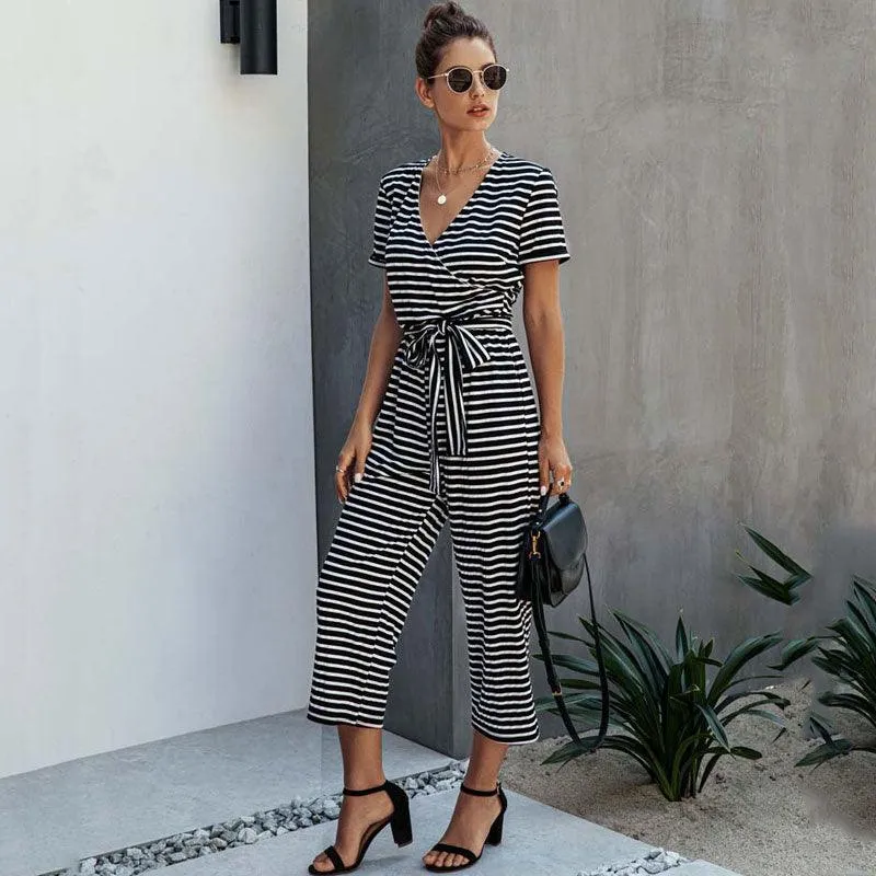 Short Sleeve Loose Striped Jumpsuit