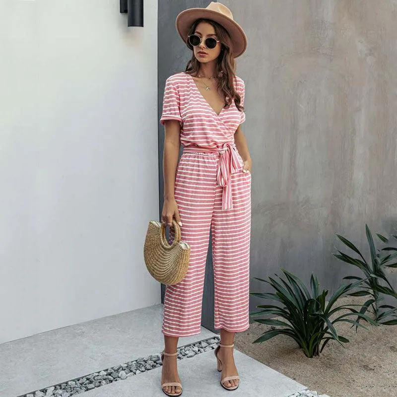 Short Sleeve Loose Striped Jumpsuit