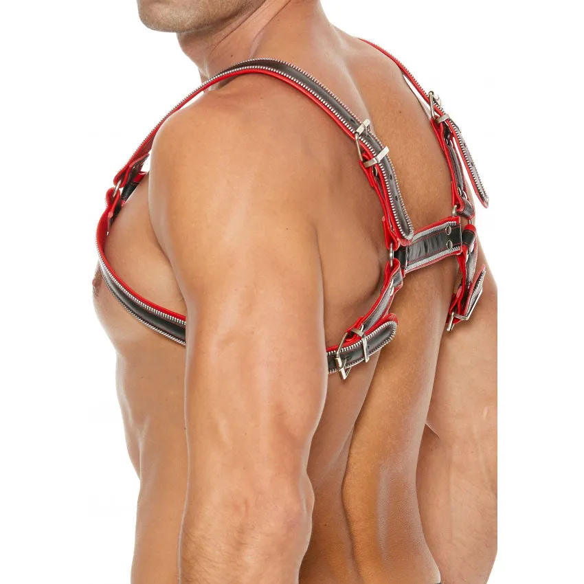 Shots UOMO Z Series Leather Men's Bulldog Harness S/M - Black - Red