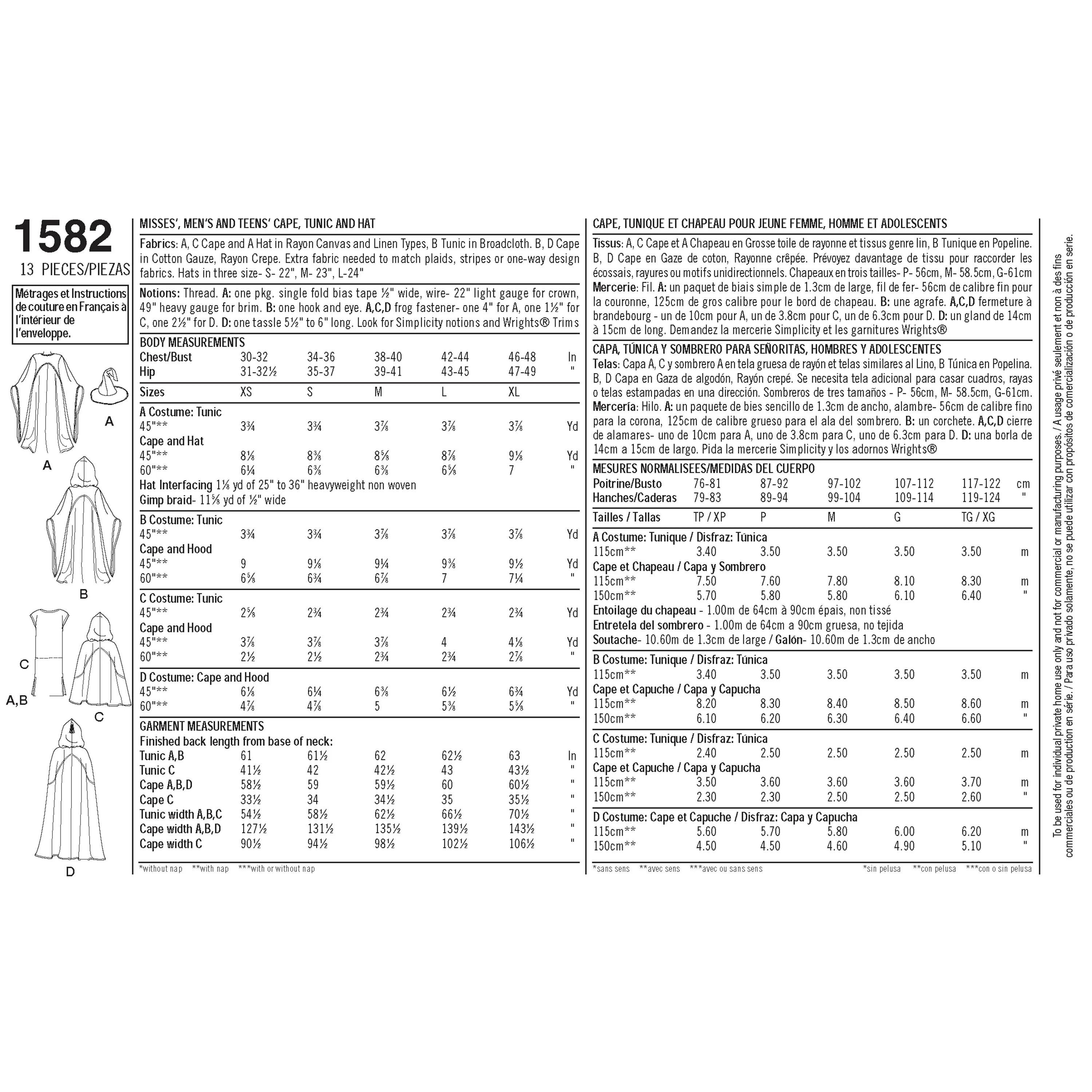 Simplicity Pattern 1582 Women's, Men and Teen Costumes