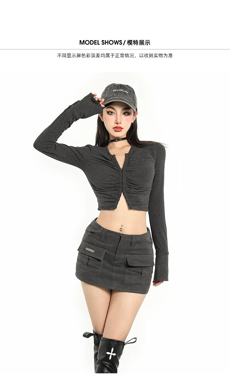 Sisi Grey Hook And Eye Long Sleeve Ruched Top