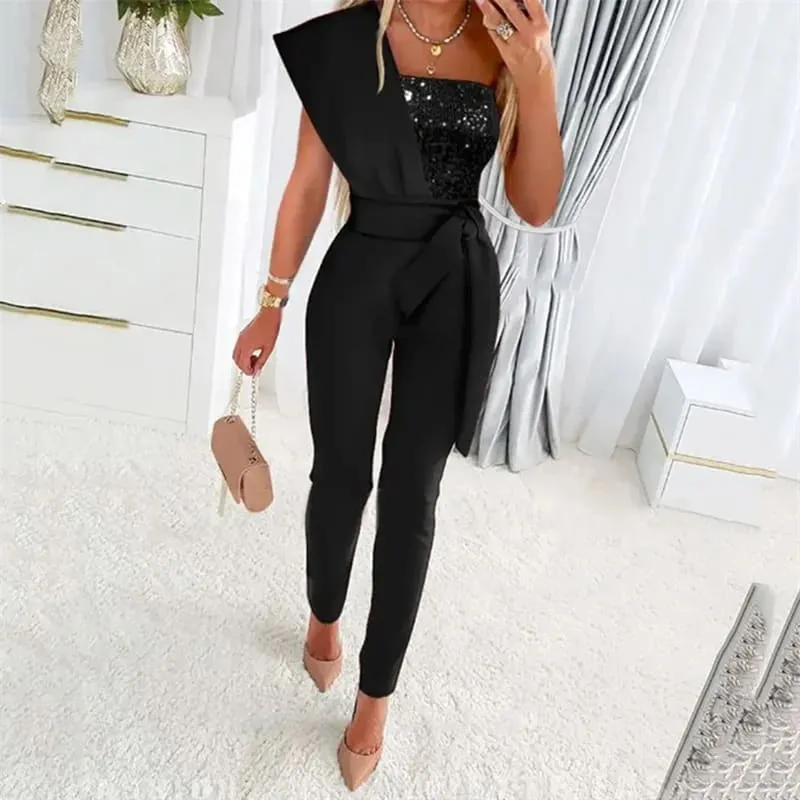 Sleek Backless Slim Fit High Waist Jumpsuit with Sequins