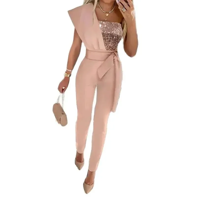 Sleek Backless Slim Fit High Waist Jumpsuit with Sequins