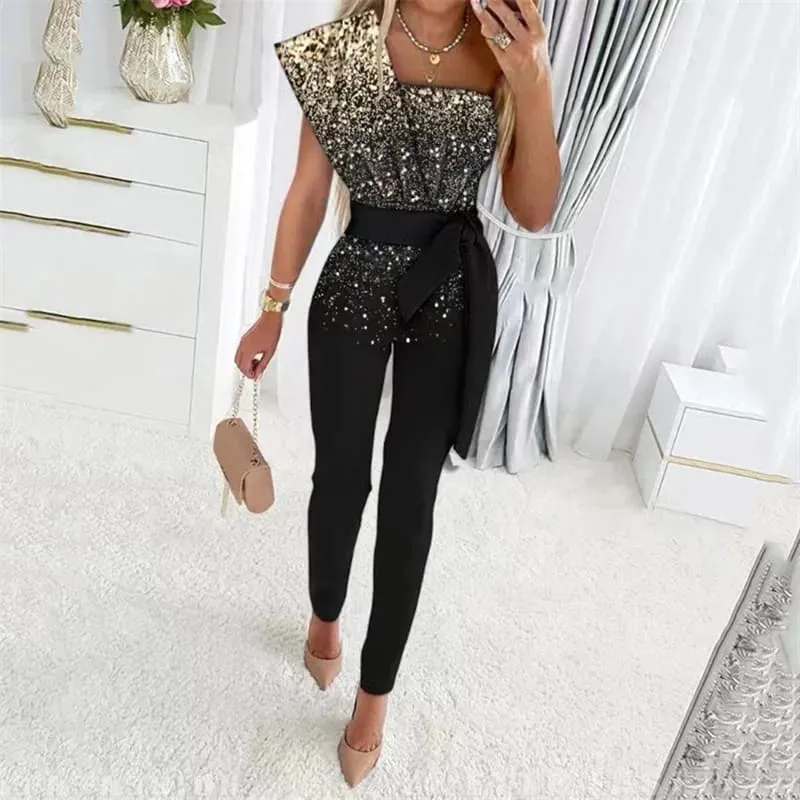 Sleek Backless Slim Fit High Waist Jumpsuit with Sequins