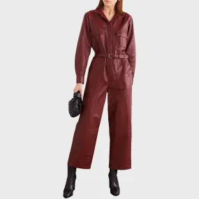 Sleek Cherry Red Leather Women's Jumpsuit