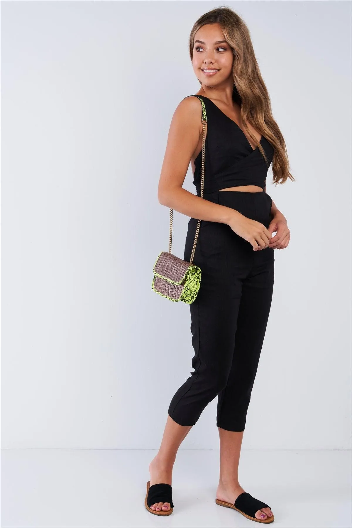 Sleeveless Black Linen Criss Cross Open Back V-Neck Tapered Pant Wrap Waist Jumper /3-2-1