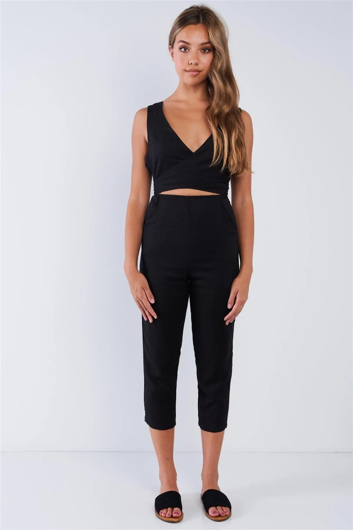 Sleeveless Black Linen Criss Cross Open Back V-Neck Tapered Pant Wrap Waist Jumper /3-2-1