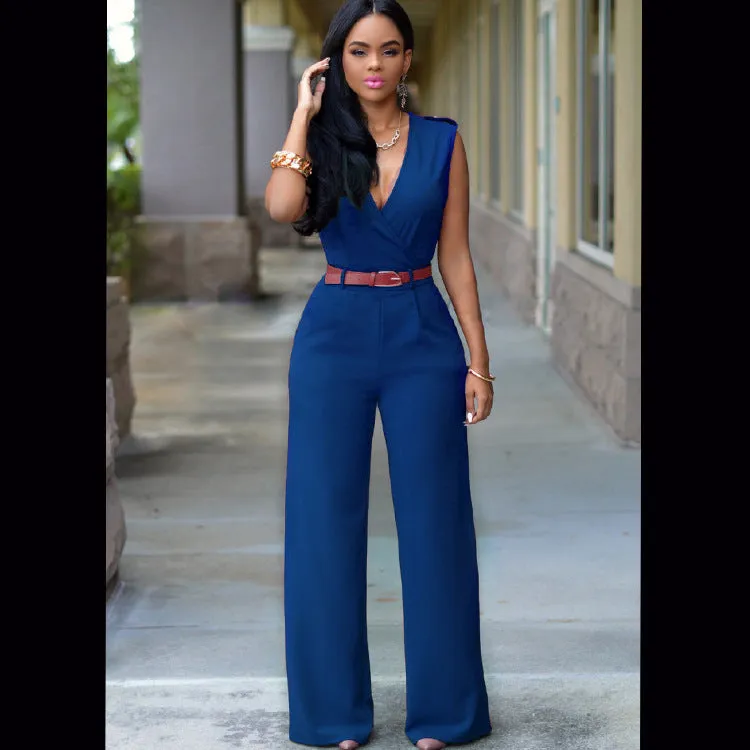 Sleeveless Plunge Neck Wide Leg Jumpsuit