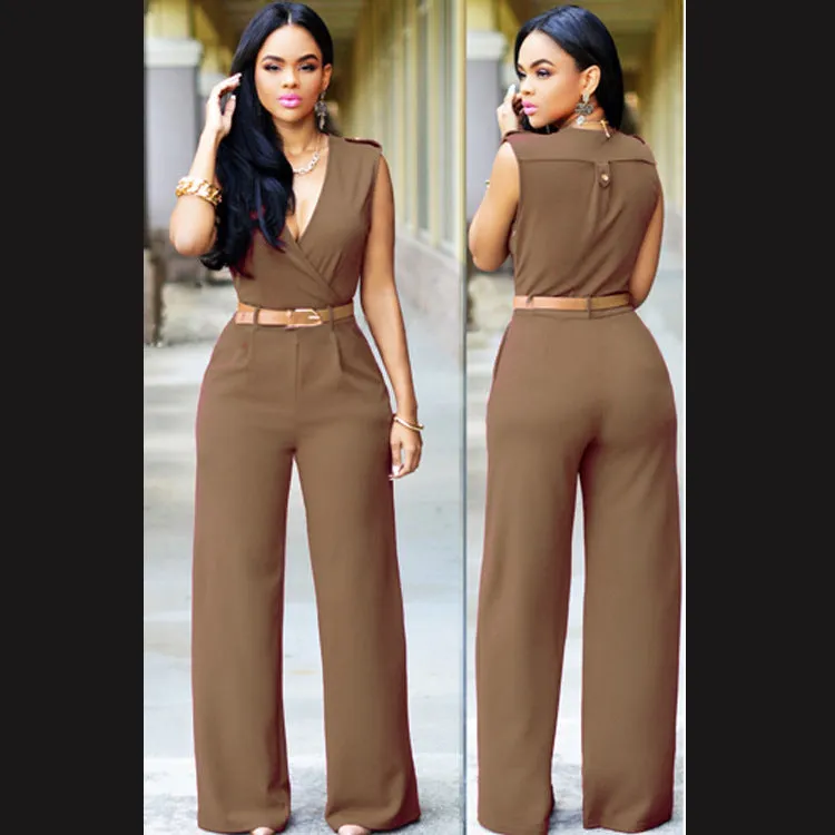 Sleeveless Plunge Neck Wide Leg Jumpsuit