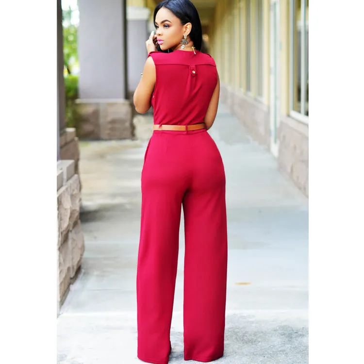 Sleeveless Plunge Neck Wide Leg Jumpsuit