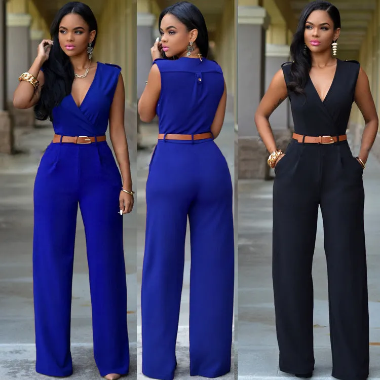 Sleeveless Plunge Neck Wide Leg Jumpsuit