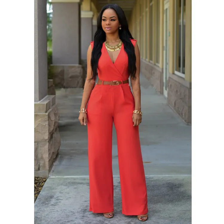 Sleeveless Plunge Neck Wide Leg Jumpsuit