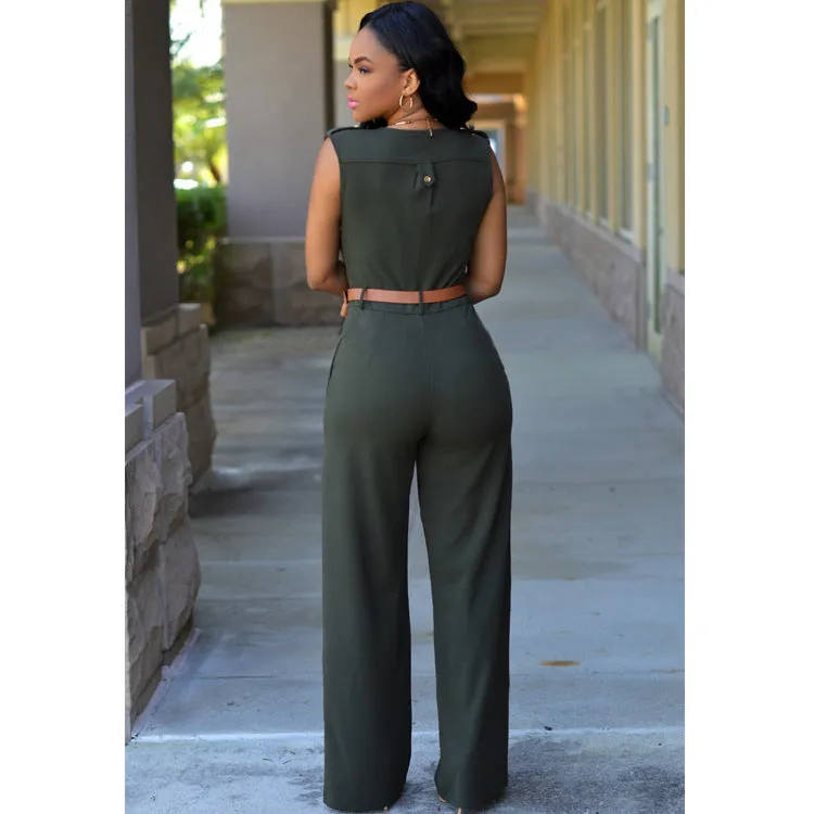 Sleeveless Plunge Neck Wide Leg Jumpsuit