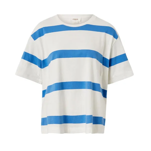 Slouchy Split Hem Tee - Vanilla   Pool Blue Bold Stripe