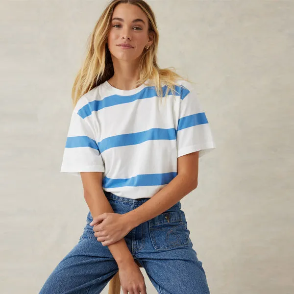 Slouchy Split Hem Tee - Vanilla   Pool Blue Bold Stripe