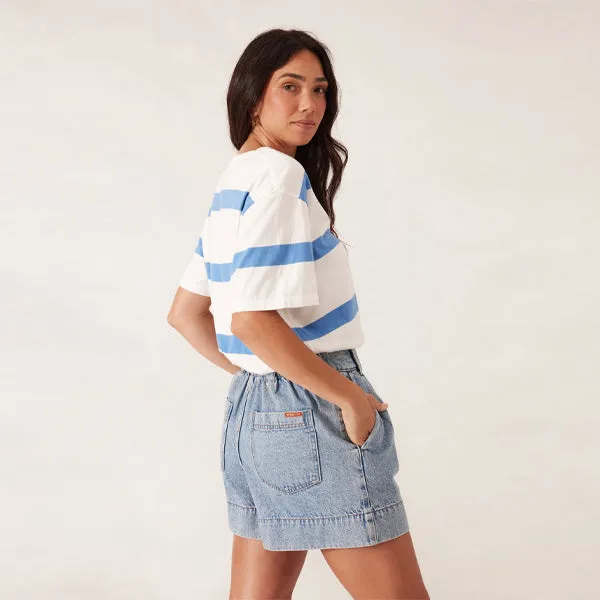 Slouchy Split Hem Tee - Vanilla   Pool Blue Bold Stripe