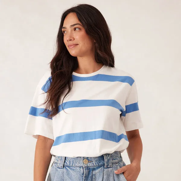 Slouchy Split Hem Tee - Vanilla   Pool Blue Bold Stripe