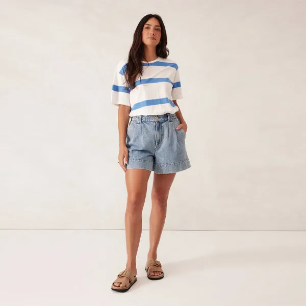 Slouchy Split Hem Tee - Vanilla   Pool Blue Bold Stripe