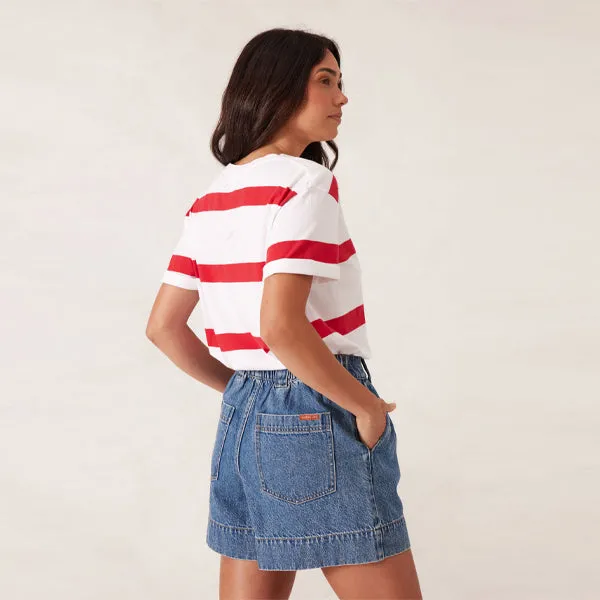 Slouchy Split Hem Tee - White   Heritage Red Bold Stripe