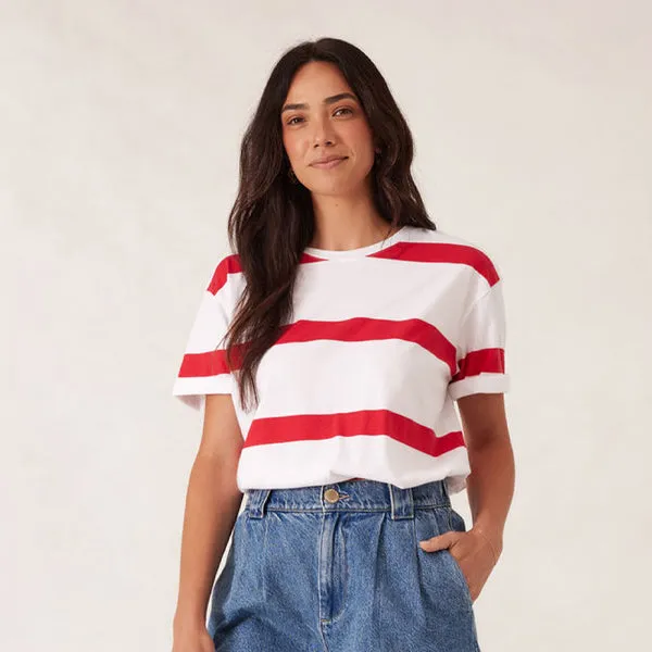 Slouchy Split Hem Tee - White   Heritage Red Bold Stripe