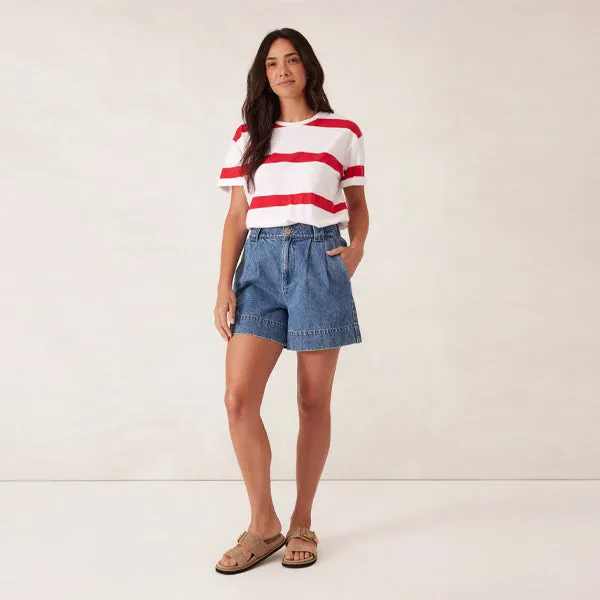 Slouchy Split Hem Tee - White   Heritage Red Bold Stripe