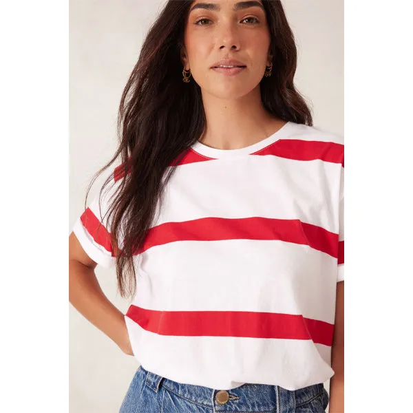 Slouchy Split Hem Tee - White   Heritage Red Bold Stripe