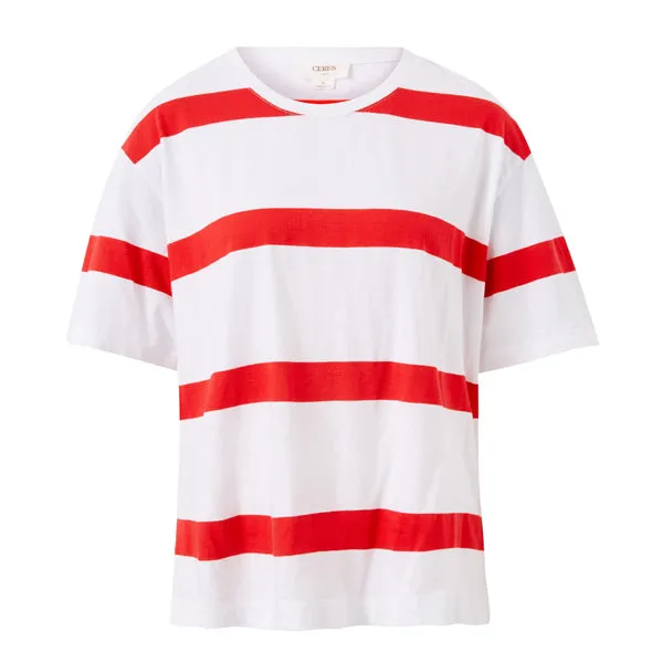 Slouchy Split Hem Tee - White   Heritage Red Bold Stripe