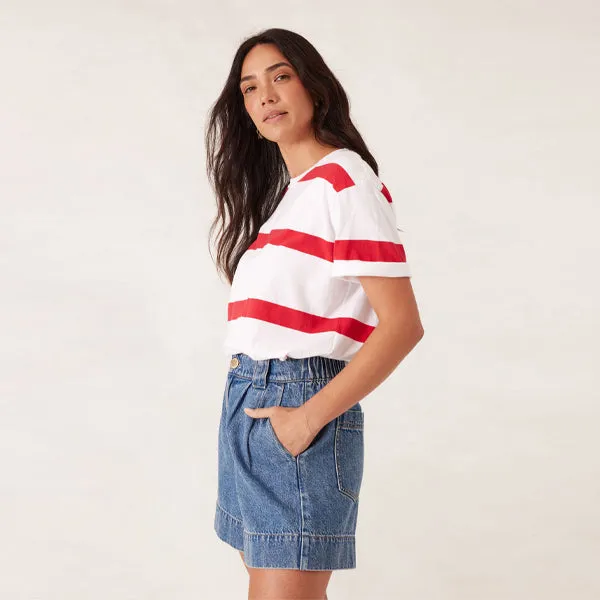 Slouchy Split Hem Tee - White   Heritage Red Bold Stripe