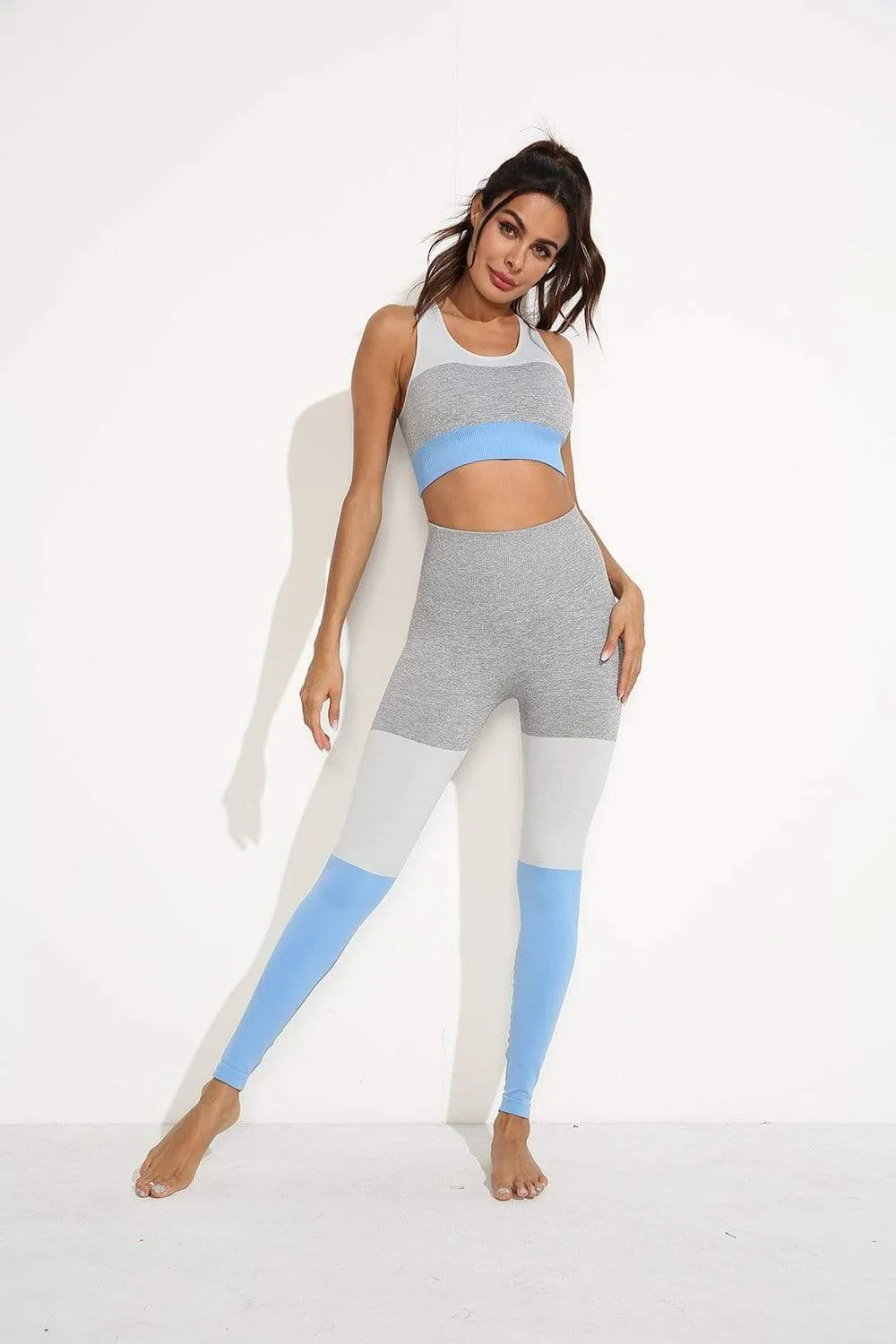 Squat Proof Patchwork Yoga Workout Set - Blue