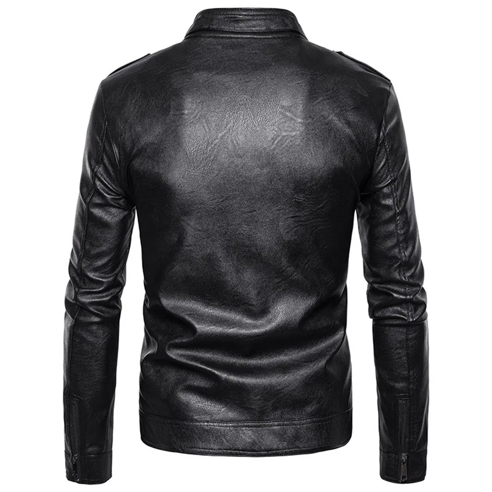 Stand Collar Epaulet Faux Leather Zip Up Jacket 9811