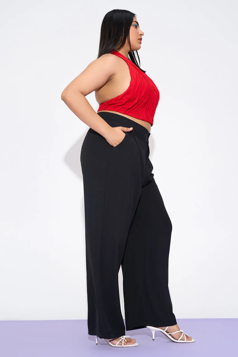 Starlet Black Curve Pleated Double Button Korean Pants