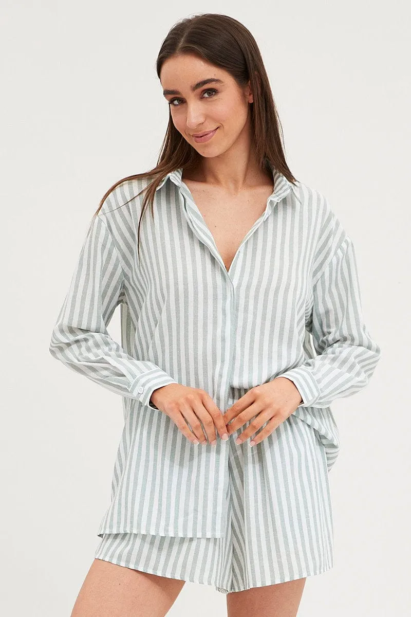 Stripe Â Linen Pajamas Set Long Sleeve