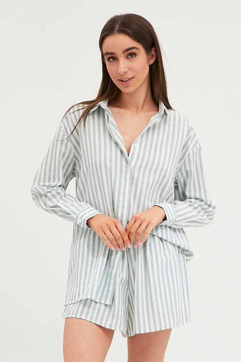 Stripe Â Linen Pajamas Set Long Sleeve