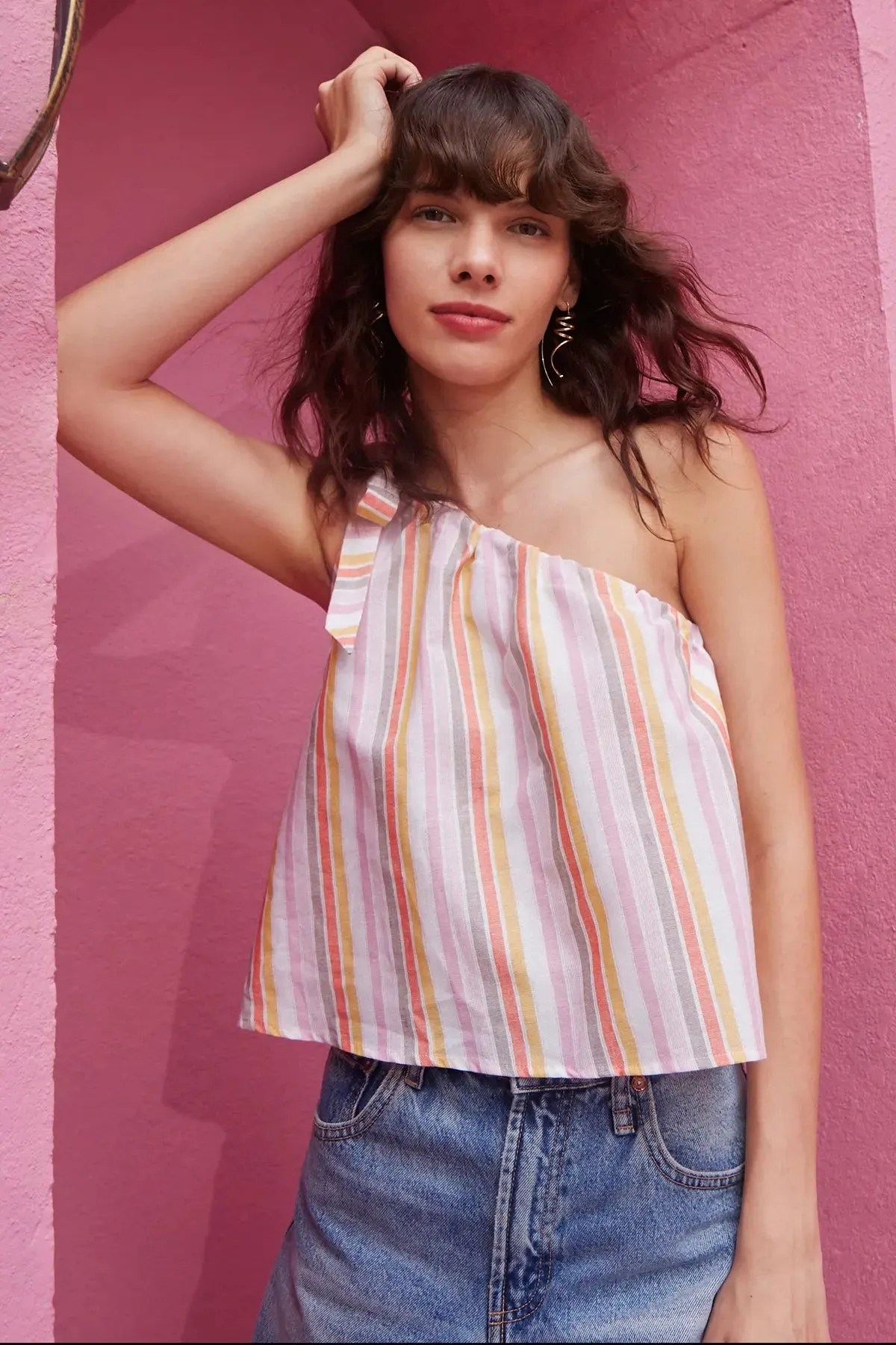 Striped Drawstring One Shoulder Top