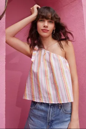 Striped Drawstring One Shoulder Top