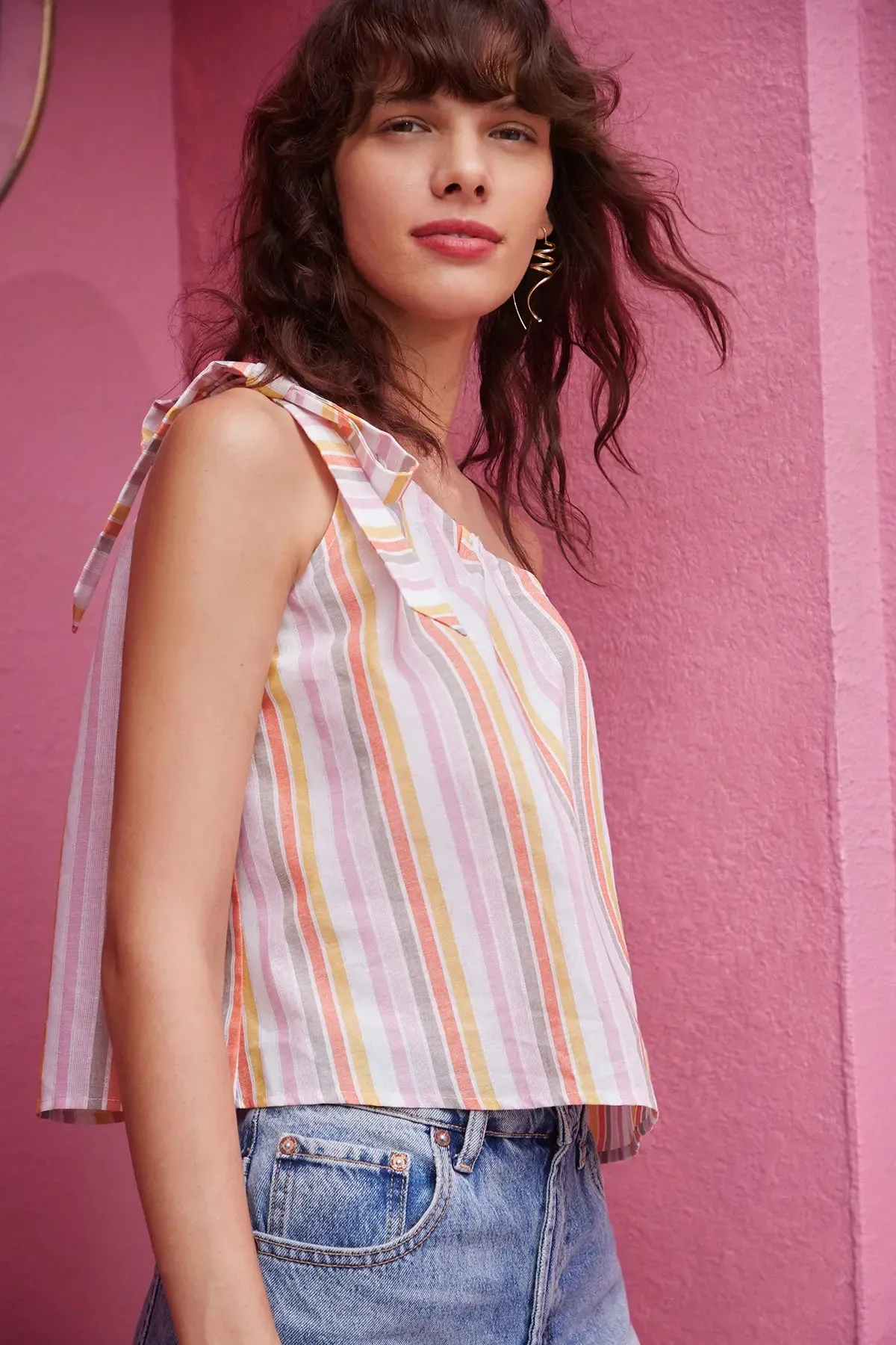 Striped Drawstring One Shoulder Top