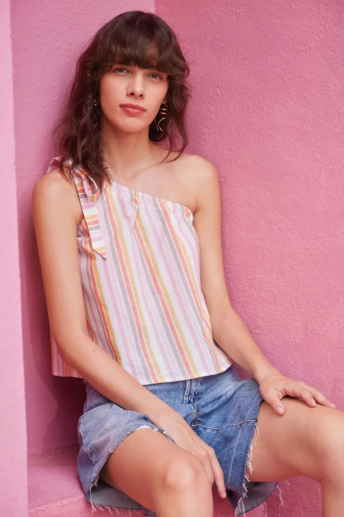 Striped Drawstring One Shoulder Top