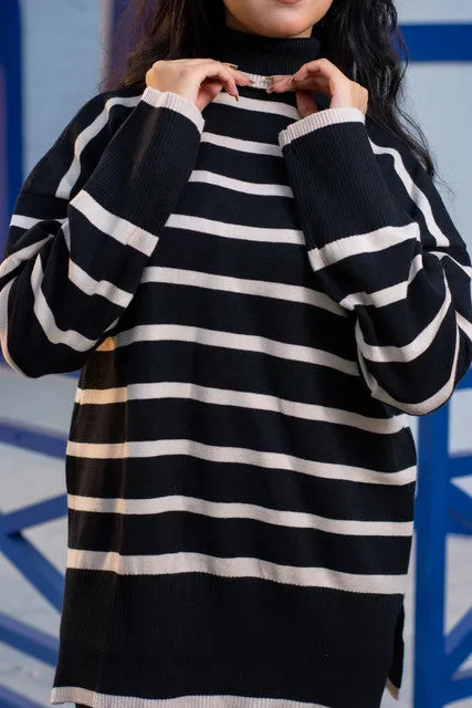 Striped High-Neck Loose Knit Pullover  - Keen