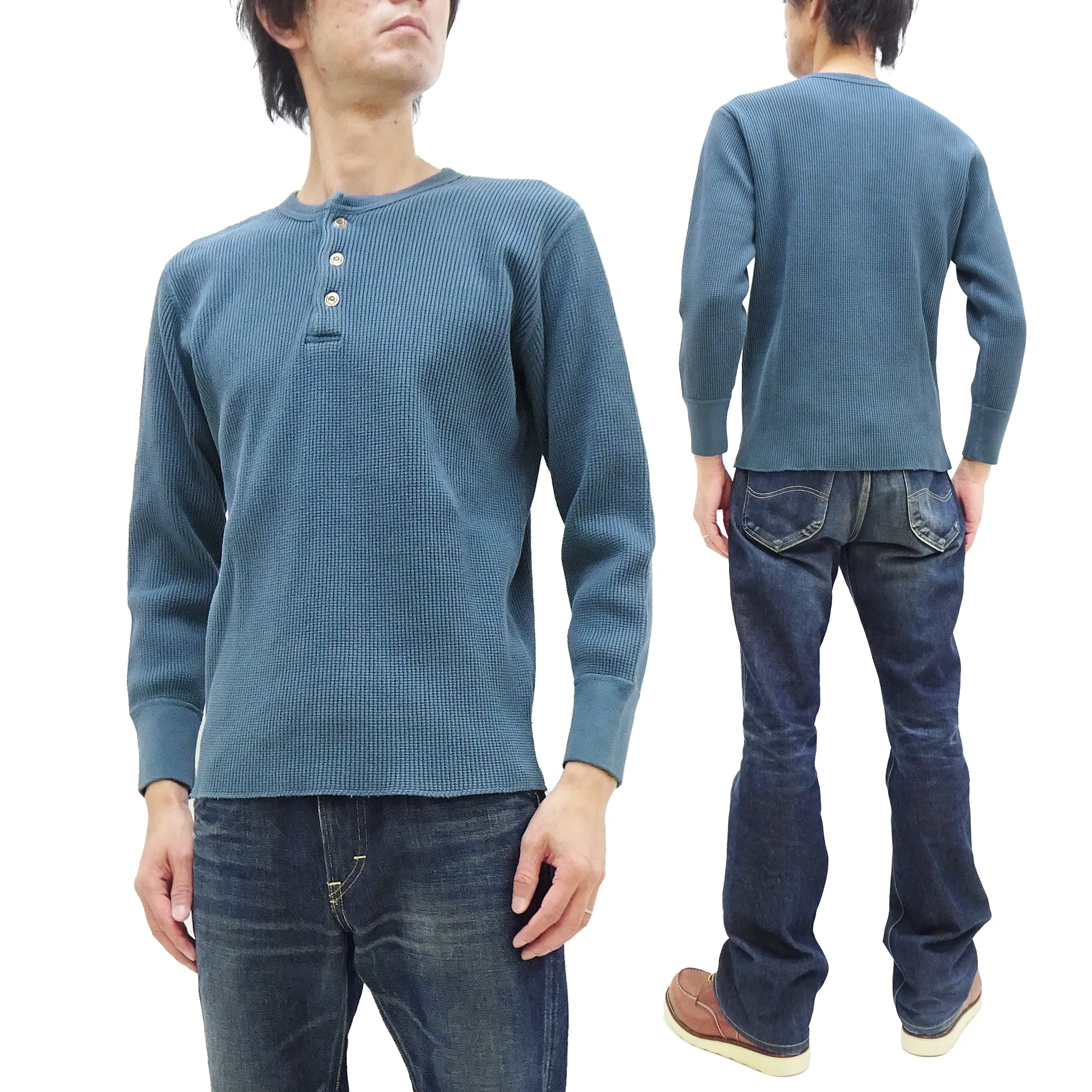 Studio D'artisan Waffle-Knit Thermal Henley T-Shirt Men's Casual Long Sleeve Plain 3-Button Placket Heavyweight Thermal Tee 9937 Faded-Blue