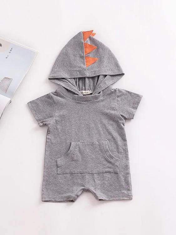 Summer Dinosaur Pattern Hoodie Baby Unisex Romper with Pocket Short Sleeve Playsuit