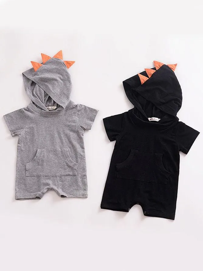 Summer Dinosaur Pattern Hoodie Baby Unisex Romper with Pocket Short Sleeve Playsuit