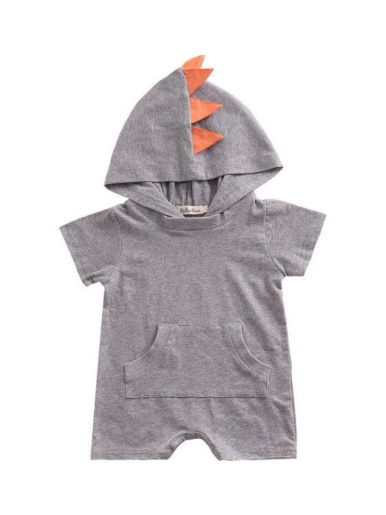 Summer Dinosaur Pattern Hoodie Baby Unisex Romper with Pocket Short Sleeve Playsuit