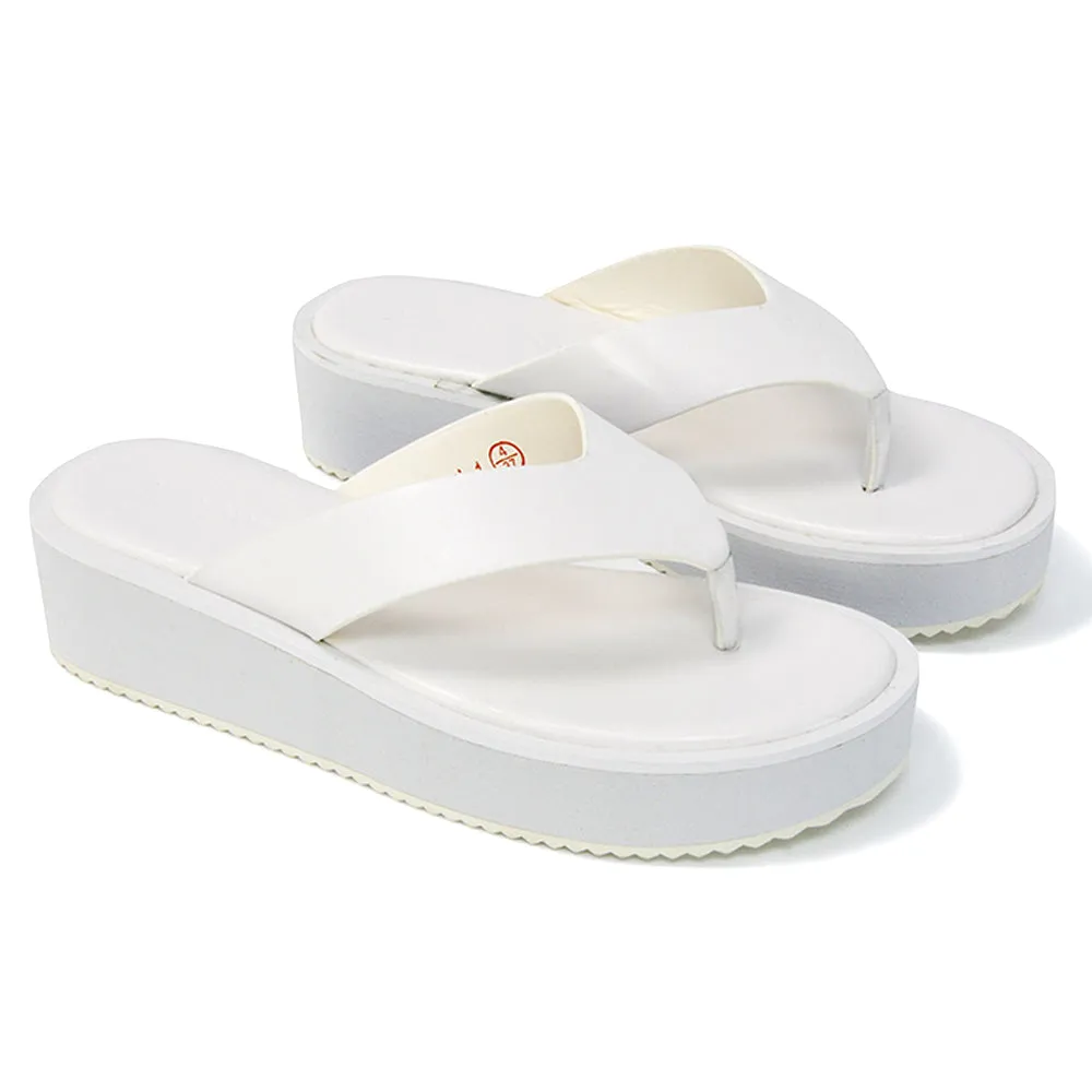 Tammi Thong Strap Flatform Flip Flop Sandal Slides in White Synthetic Leather