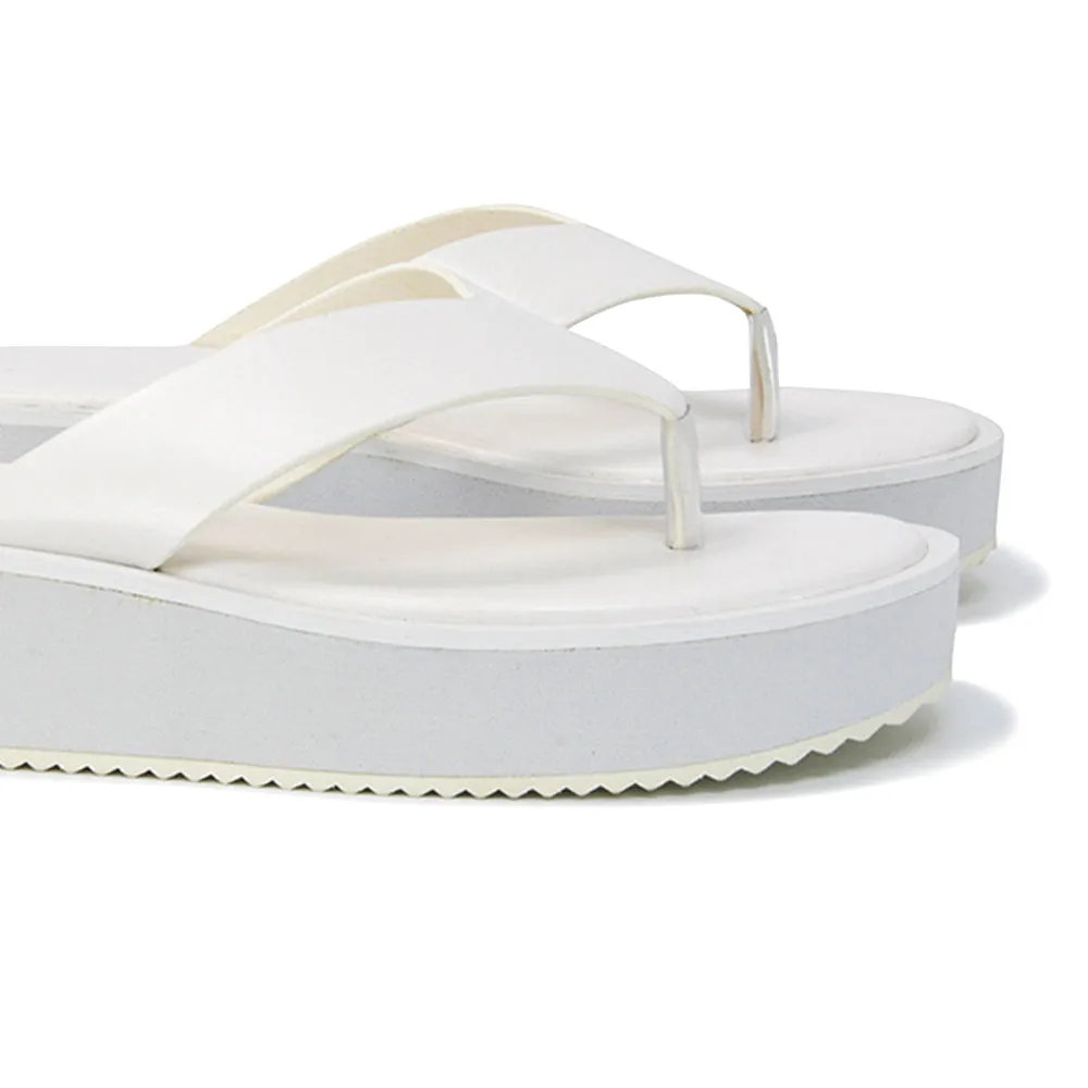 Tammi Thong Strap Flatform Flip Flop Sandal Slides in White Synthetic Leather