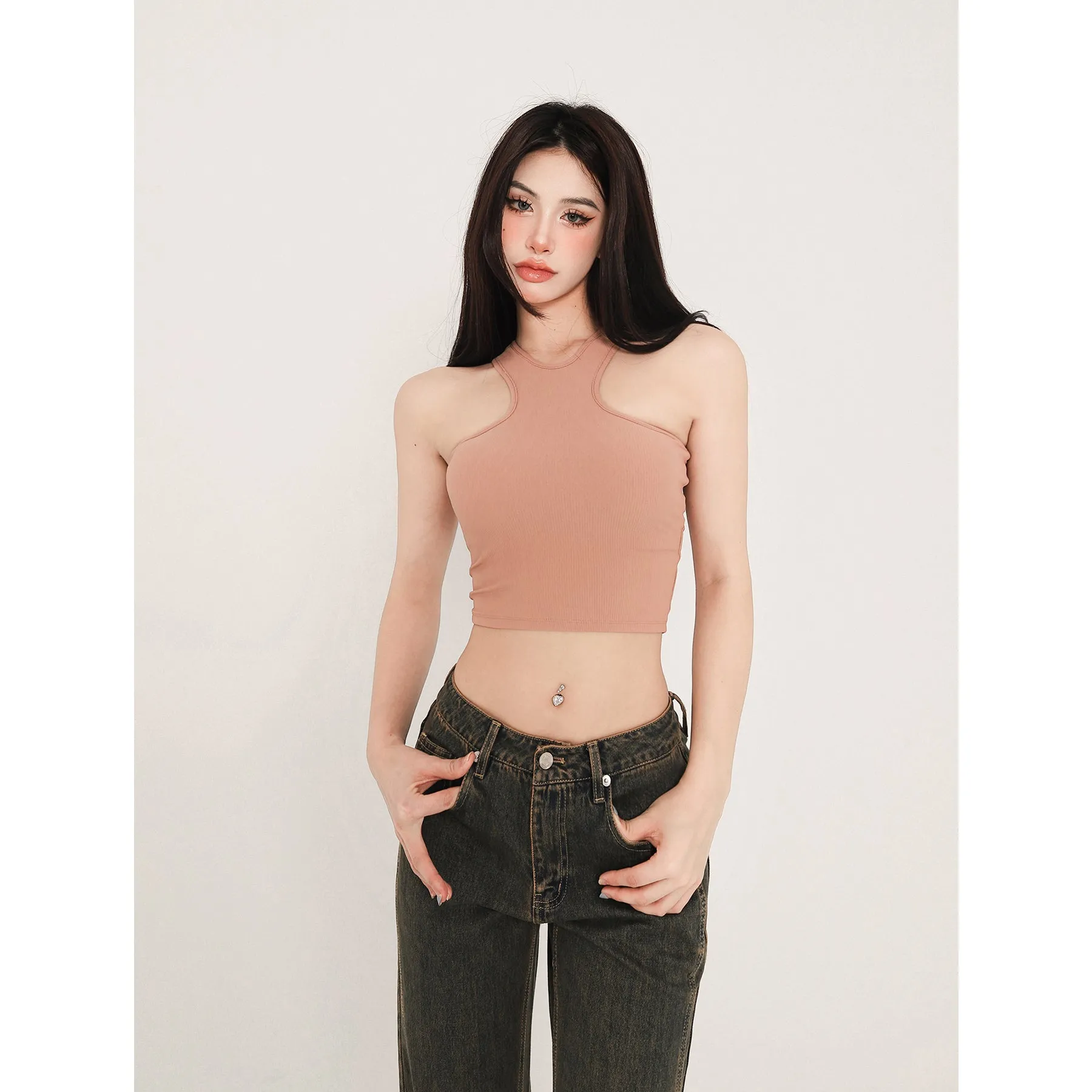 Tatia Solid Color Slim Halter Sleeveless Cropped Top